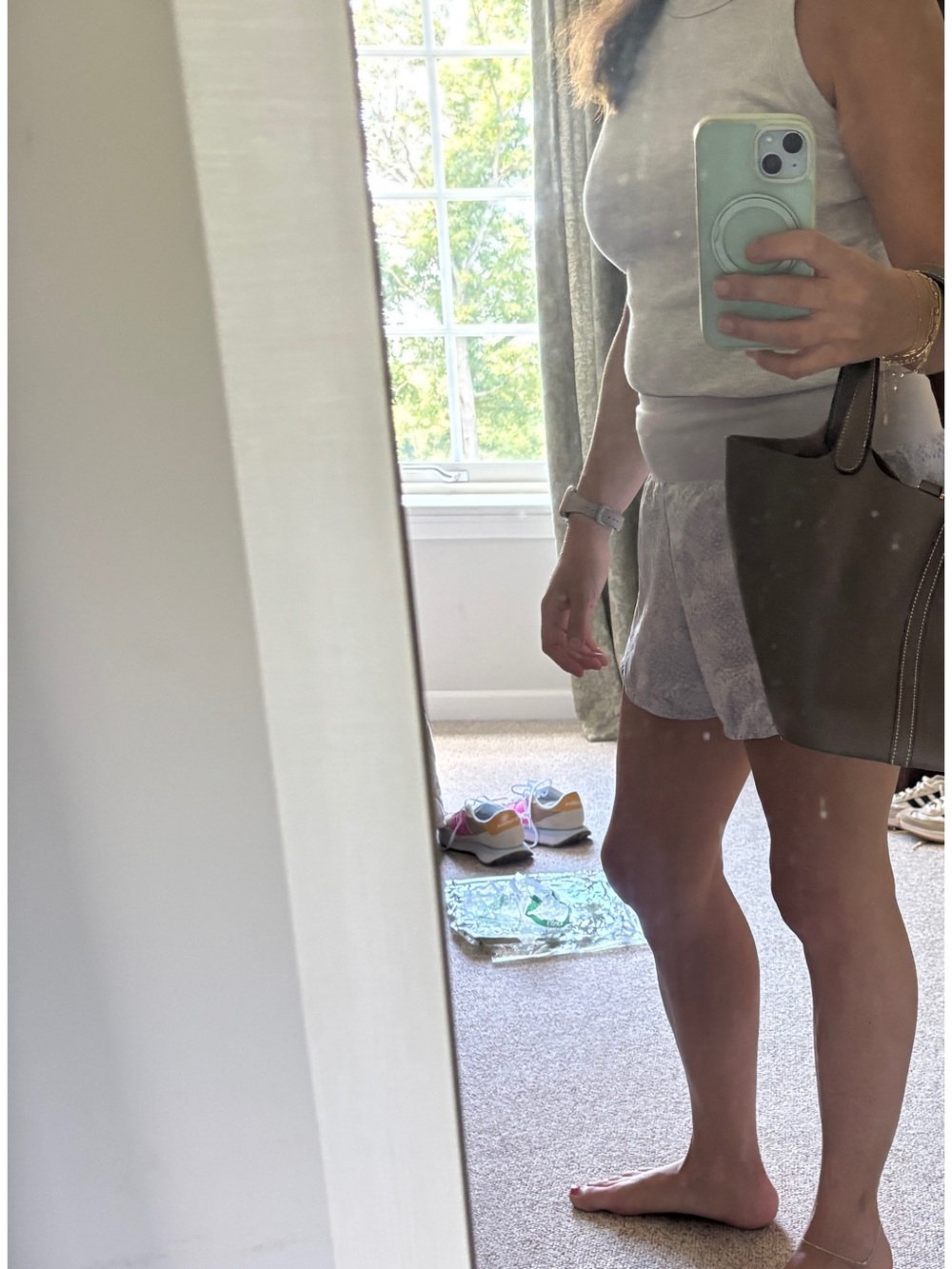 Structured luxury Taupe Pebbled Leather Tote with Gold Accent - Picture 9 of 10